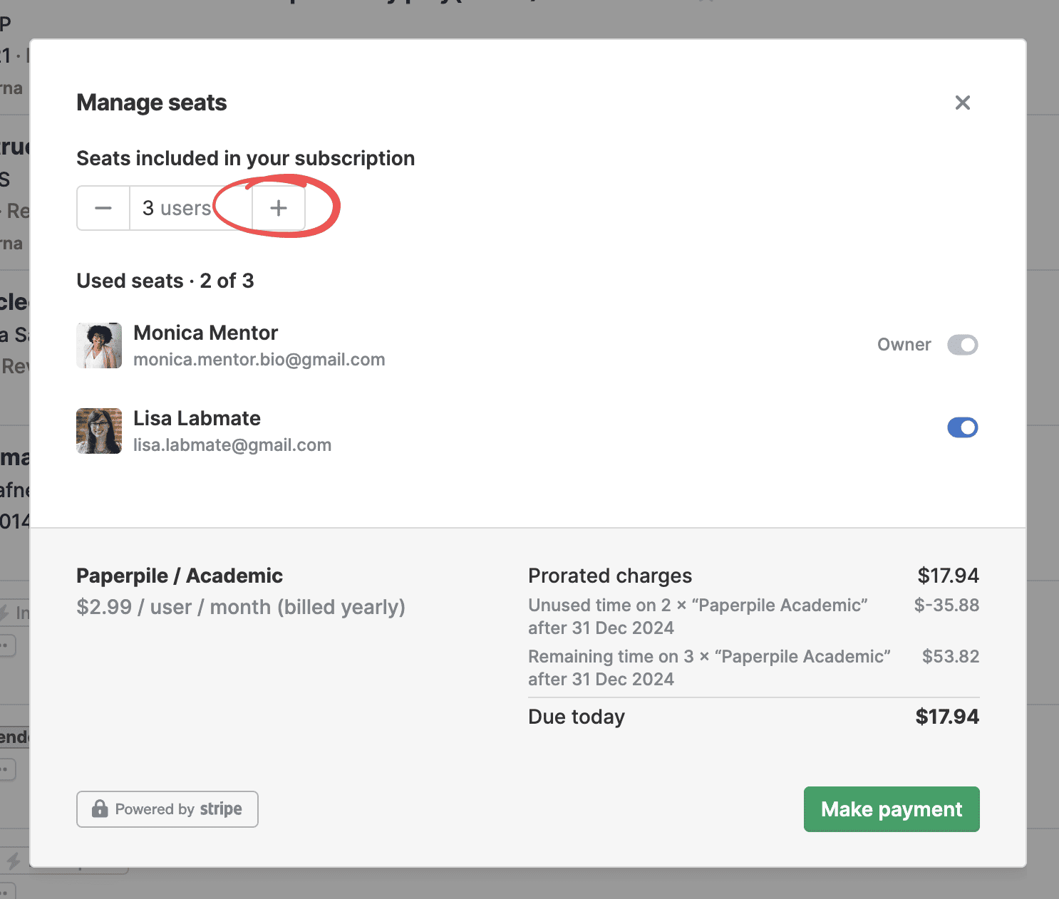 The “Manage seats” dialog with the circled plus button beside a 3-user seat count, two of three seats used, and a prorated charges breakdown showing $17.94 due today.